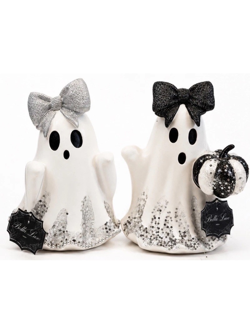 Bella Lux Black And Silver Sequined Ghosts With Bow Halloween Decor NWT Set Of 2
